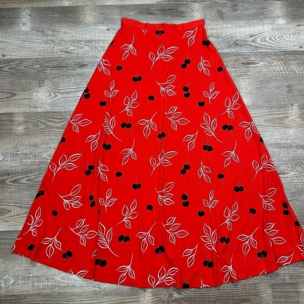 Vintage Miss SHAHEEN Red Black Cherry Print Maxi Skirt Vintage Size 12 - Picture 2 of 11
